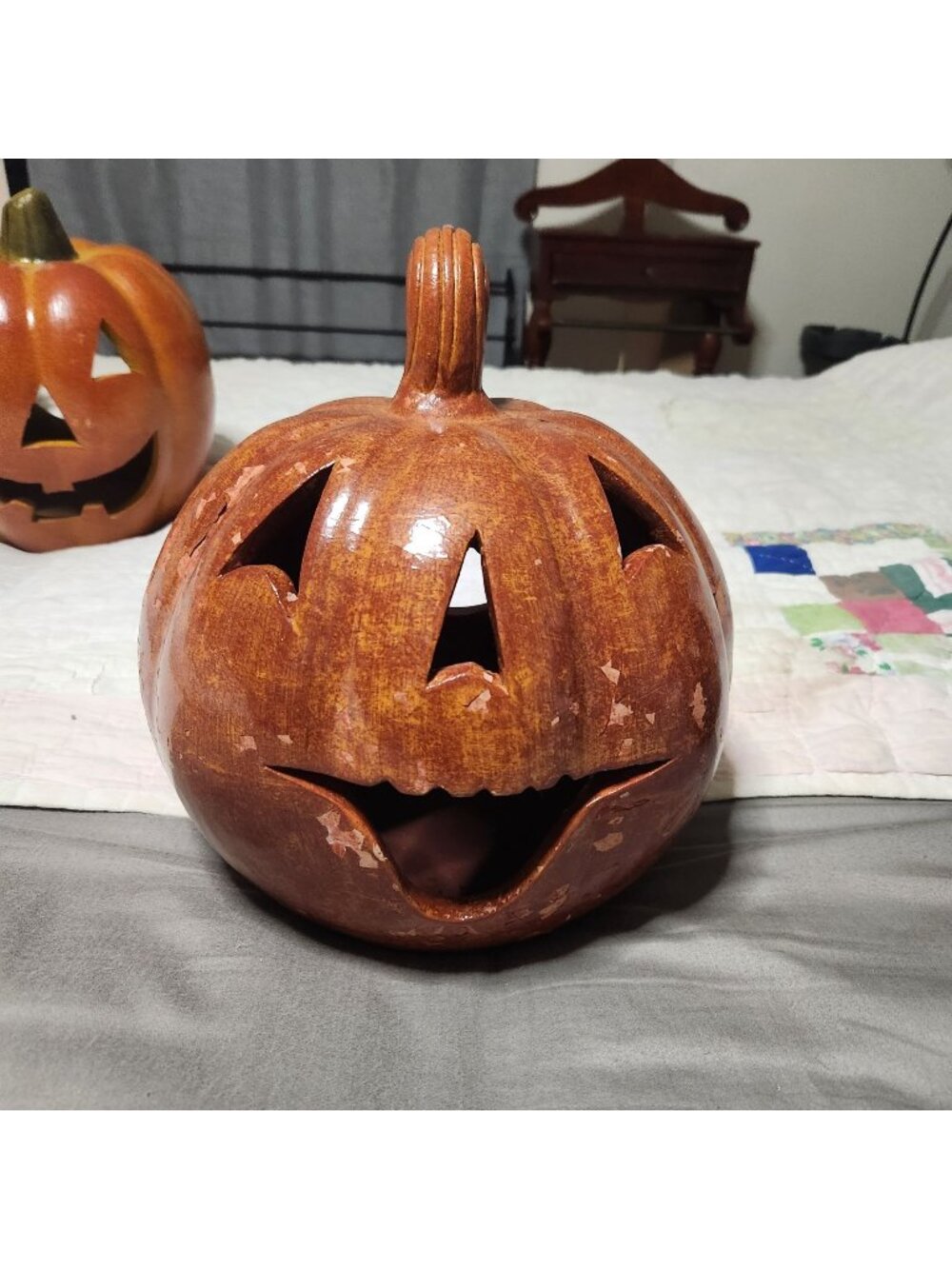 Vintage Rustic Terrocatta Jack-O-Lantern Pumpkin Candle Holder Decor 13" Made In